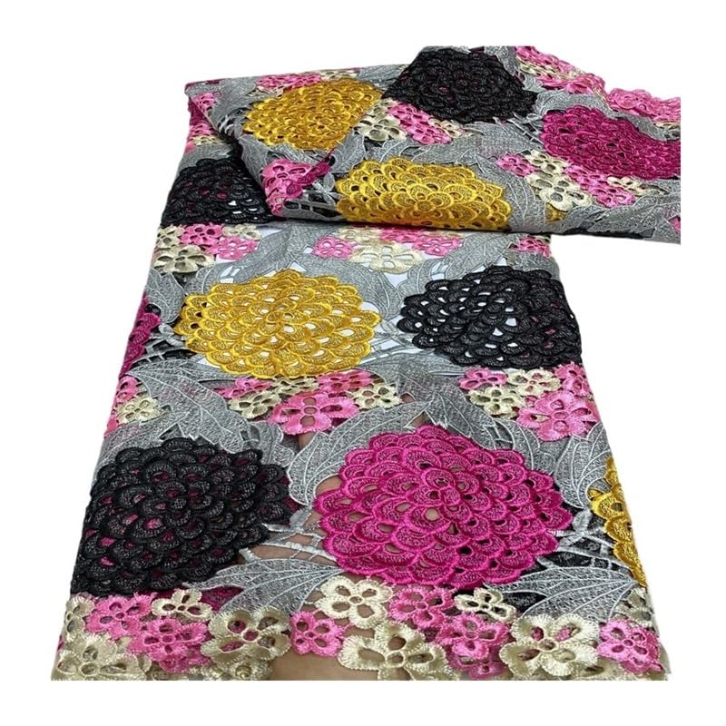 Tela de encaje bordado multicolor por yardas con malla floral soluble para vestidos de fiesta