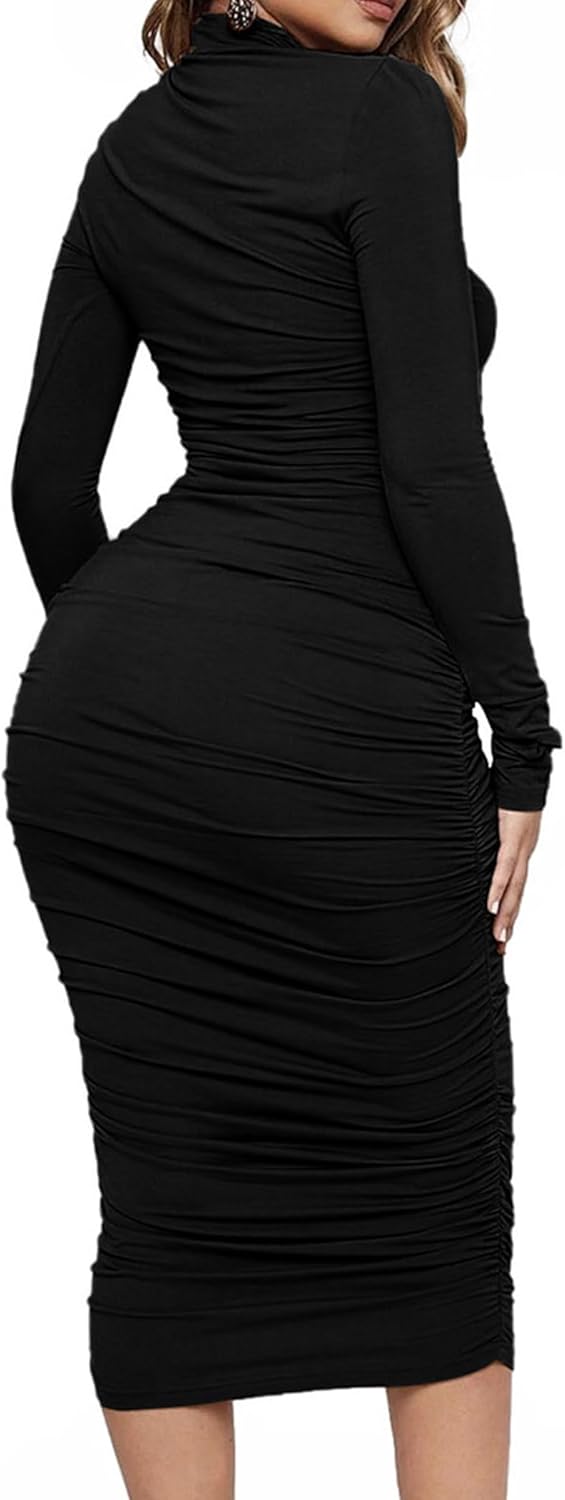 Ekaliy Women's Ruched Bodycon Midi Dress Mock Neck Long Sleeves Party Club Dresses