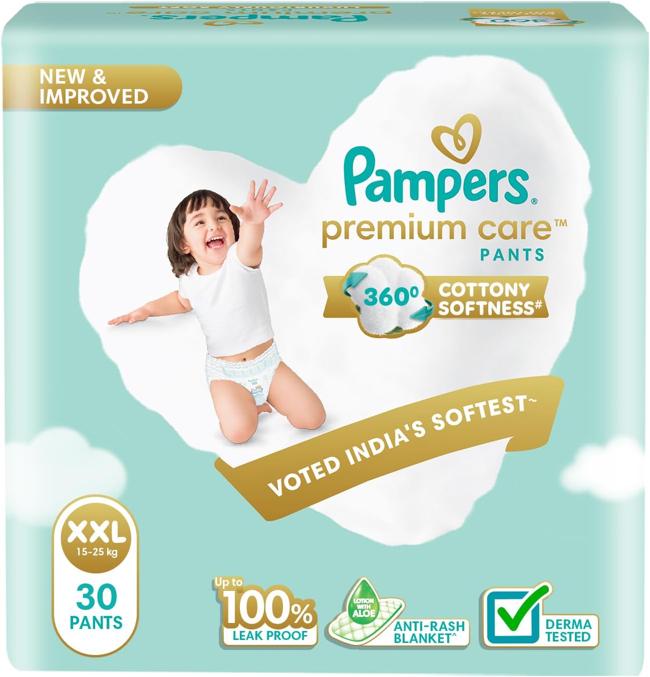 Pampers Premium Care Pants Style Baby Diapers, XX-Large (XXL) Size, 30 Count, All-in-1 Diapers with 360 Cottony Softness, 15-25kg Diapers