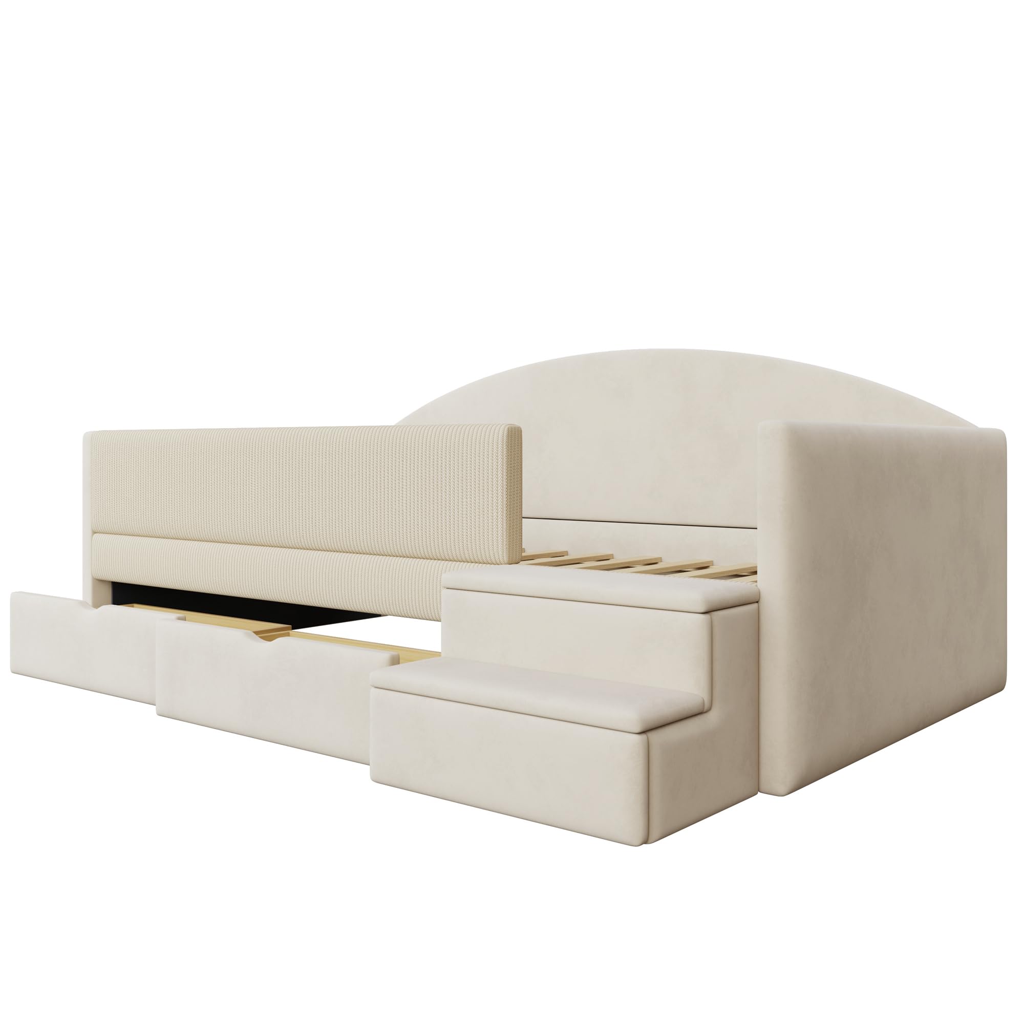Canapé Lit Rembourré 90x190 cm avec 2 Tiroirs, Garde-Corps et Marchepied, Tissu Velours Doux et Confortable, Structure Bois, Idéal pour Chambre d'enfant, Salon et Chambre d'amis