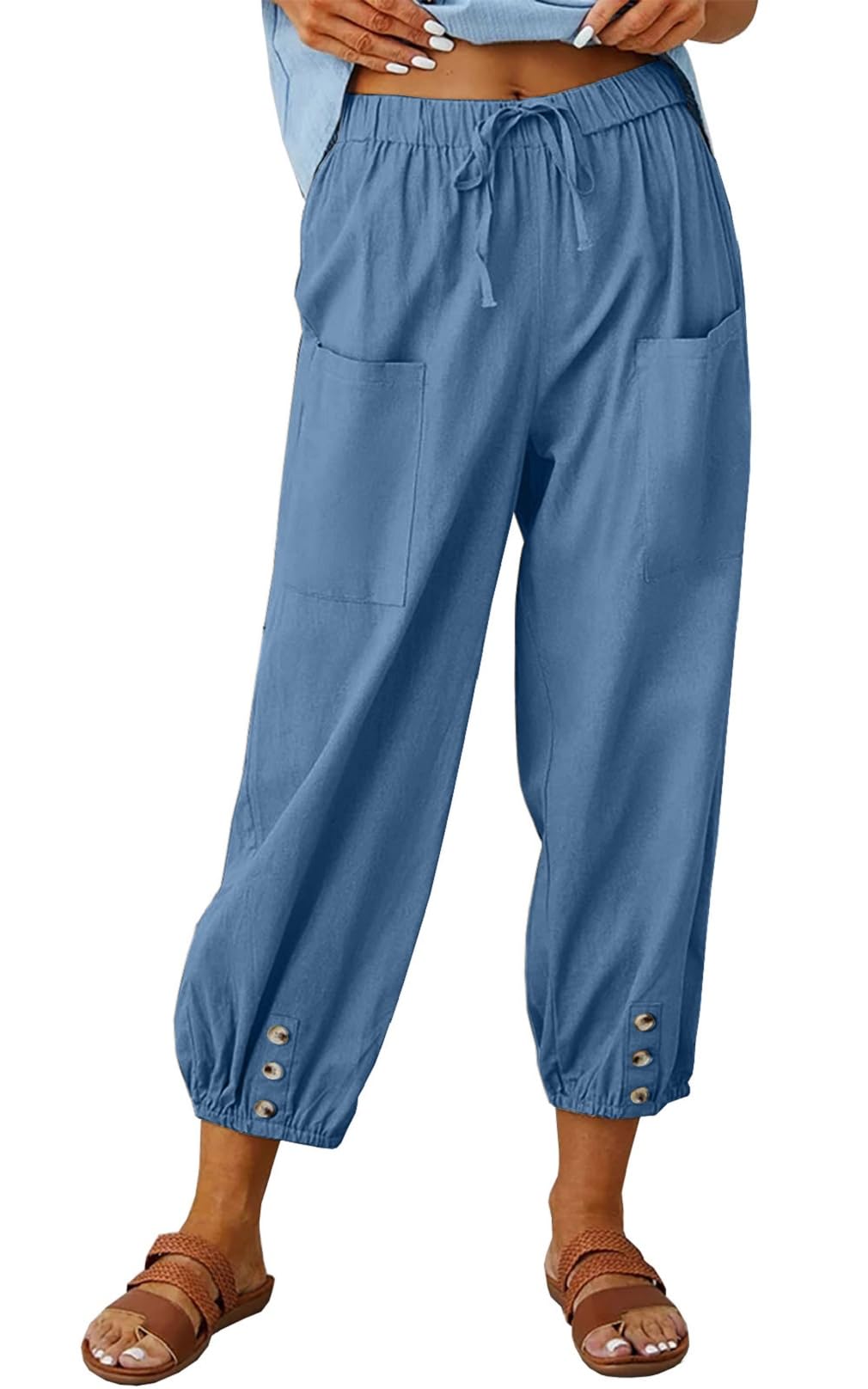 Pantalon 7/8 Femme Été Pantalon Coton et Lin Taille Elastique Large Pantalons Fluide Décontracté Taille Haute Léger Respirant Pantalons de Plage Ample Pants Cordon Large à Jambes avec Poches