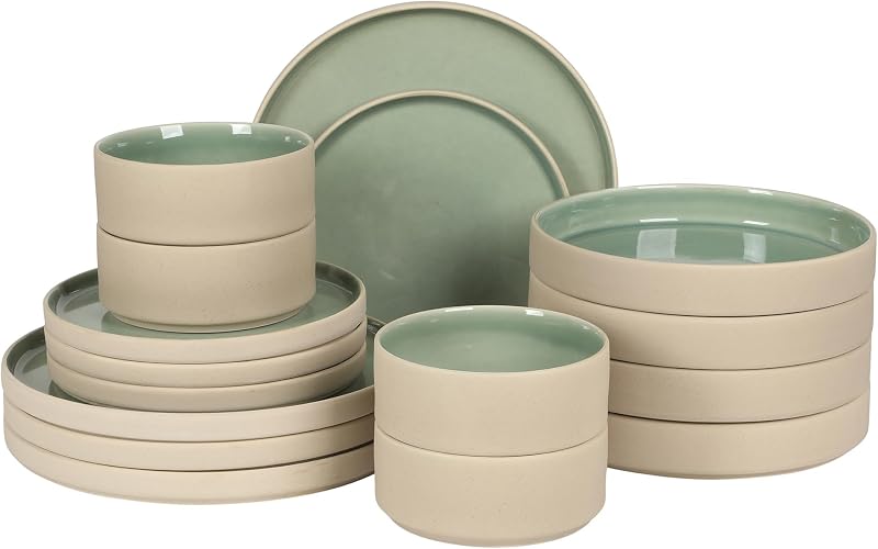 Gibson Elite Liberty Bay Juego de vajilla de gres de arcilla de cerámica de 16 piezas – Esmalte reactivo verde menta, platos y tazones apilables con tazón para pasta, servicio para 4 – Apto para microondas y lavavajillas