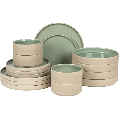 Gibson Elite Liberty Bay 16-Piece Pottery Clay Stoneware Dinnerware Set – Mint Green Reactive Glaze, Stackable Plates and Bowls W/Pasta Bowl, Service for 4 – Microwave & Dishwasher Safe