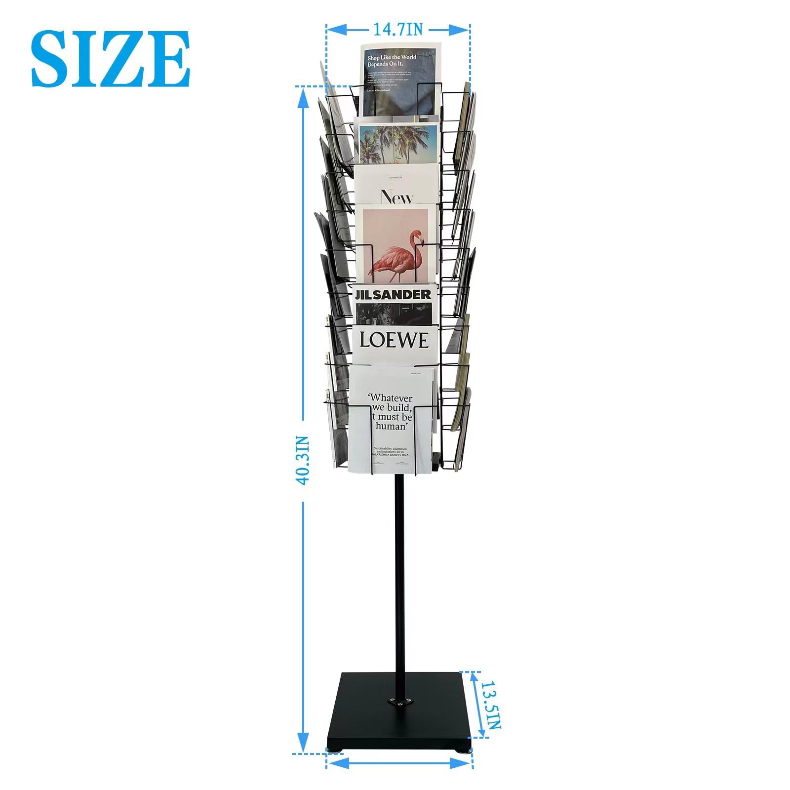 TONGMO 36-Pocket Rotating Magazine Rack Stand, Floor Spinner Display for Magazines, Comic Books, Brochures, A4 Organizer for Office, Bookstore, Home, Reception