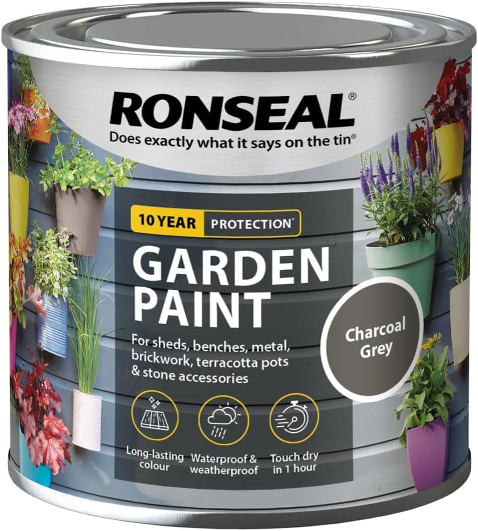 Ronseal Garden Fence Paint - Multi Surface - Waterproof, Weather Resistant Exterior Paint - For Sheds, Benches, Metal, Brickwork, Terracotta Pots & Stone Accessories - 250ml Charcoal Grey