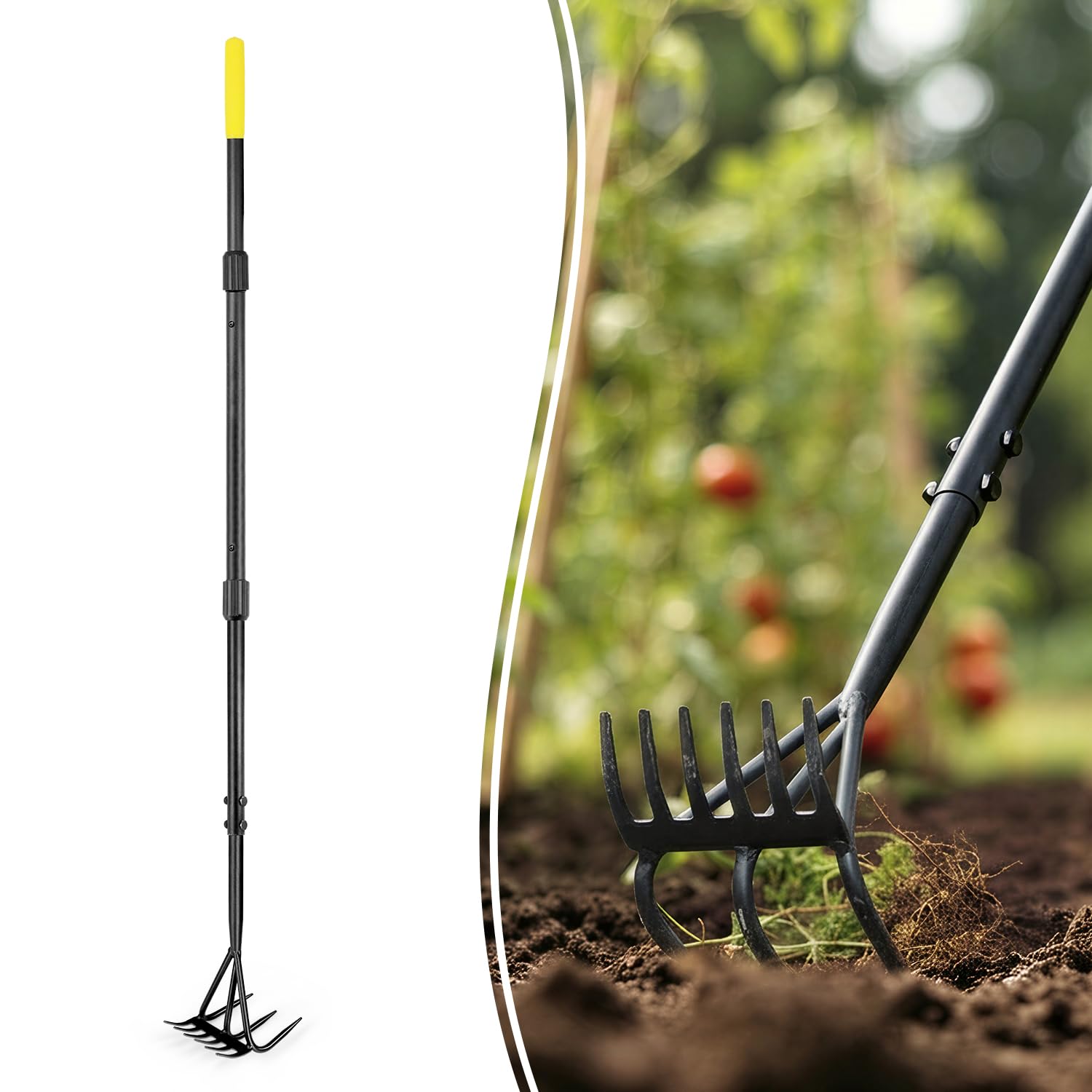 Colwelt Râteau 2 en 1 de jardinier avec manche long de 144 cm | Design 2 en 1, combinez un cultivateur à 3 dents et un râteau, avec une tête étroite de 11,5 cm pour des rangées denses