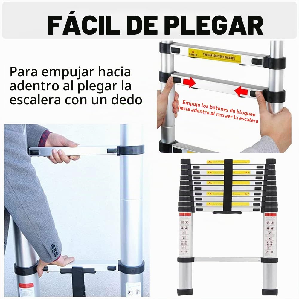 Escalera telescópica de aluminio de 6,2 m con 2 ganchos, 15 peldaños, capacidad de carga de 150 kg, EN131