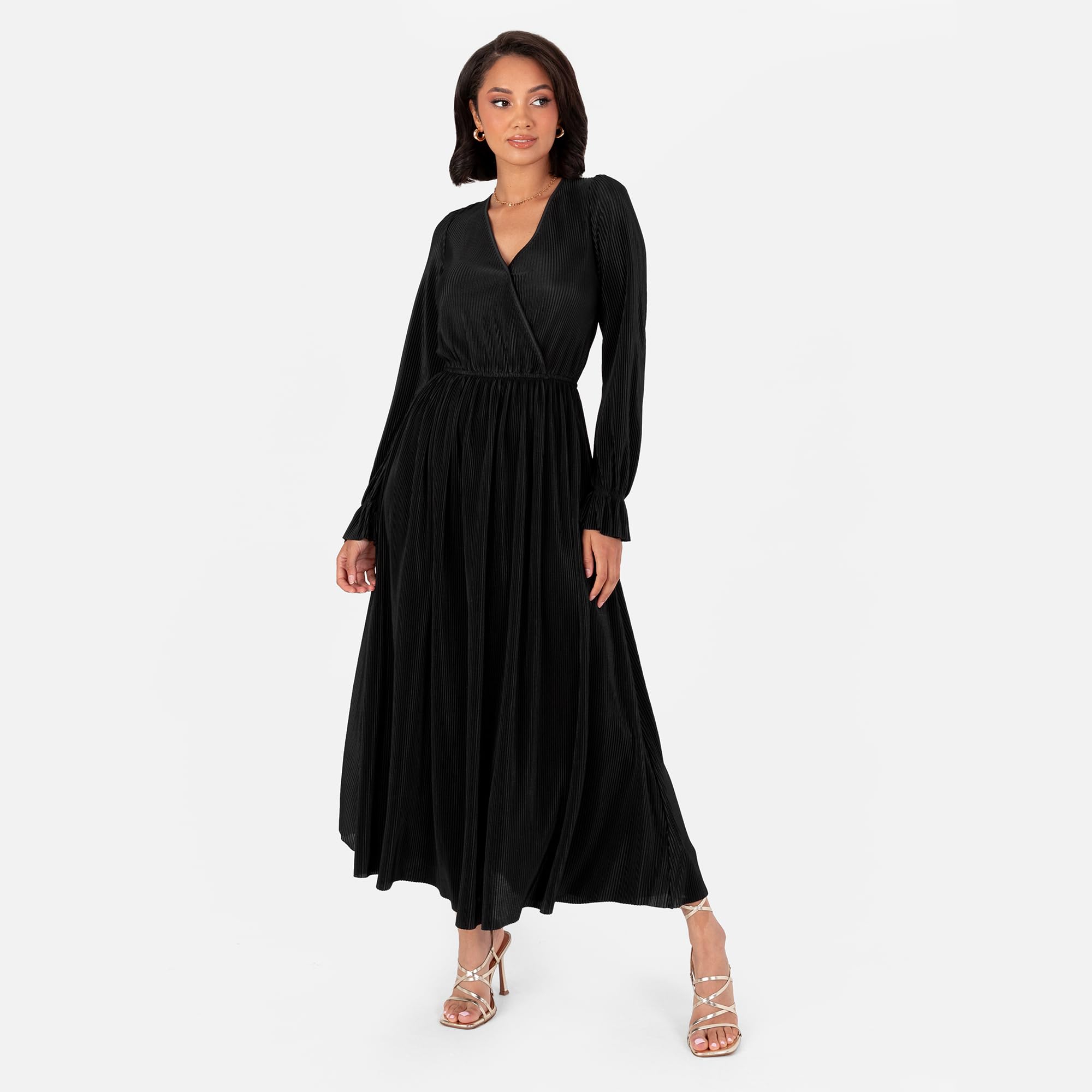 Women's Midaxi Dress Ladies Wrap V-Neck Long Sleeve Ruffle Cuff A-line Plissé Evening Occasion Wedding Guest