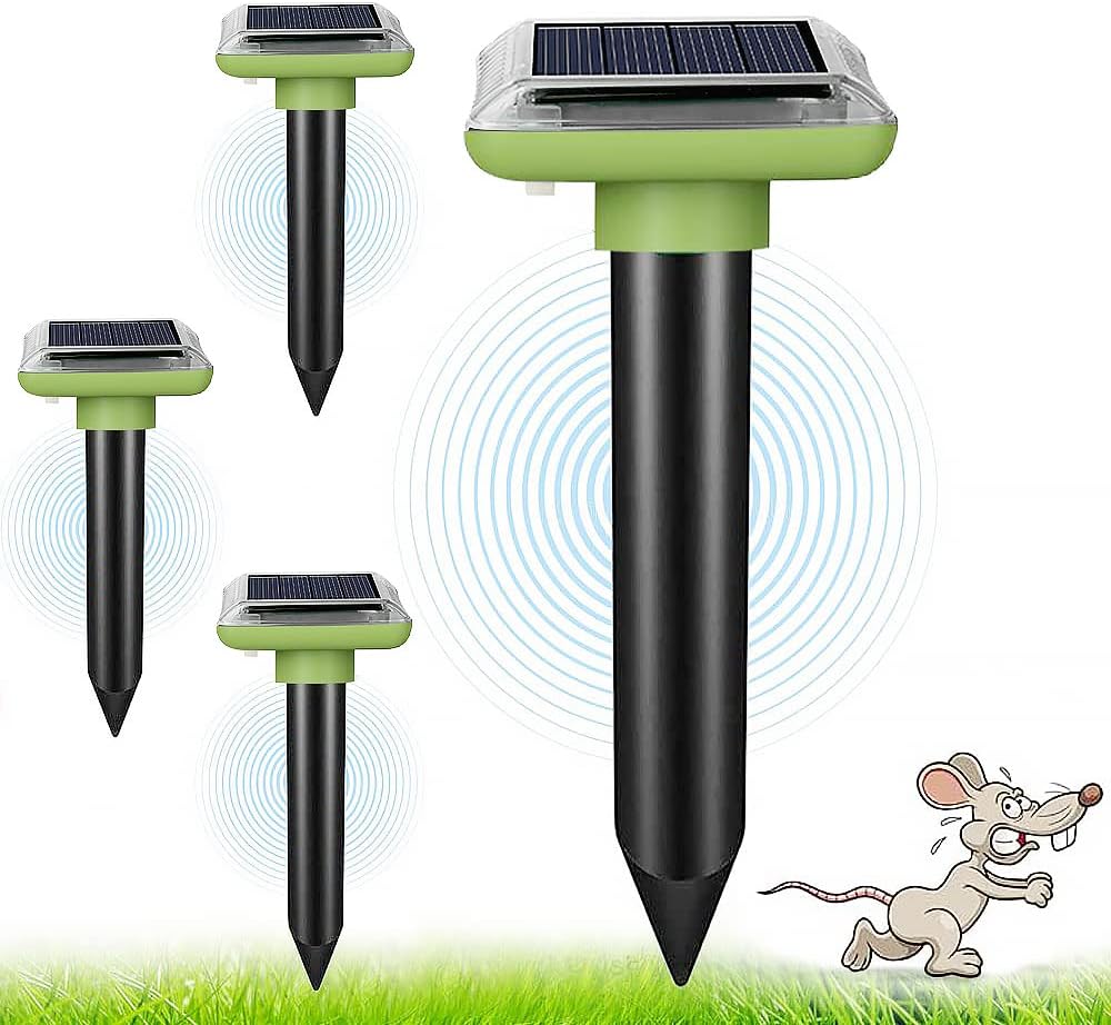 repelente solar para topos, 4 unidades repelente solar ultrasónico, repelente para talpos, IP65, impermeable, anti topo ultrasónico, disuasor para topos, ahuyenta topos molestos, serpientes, gopher