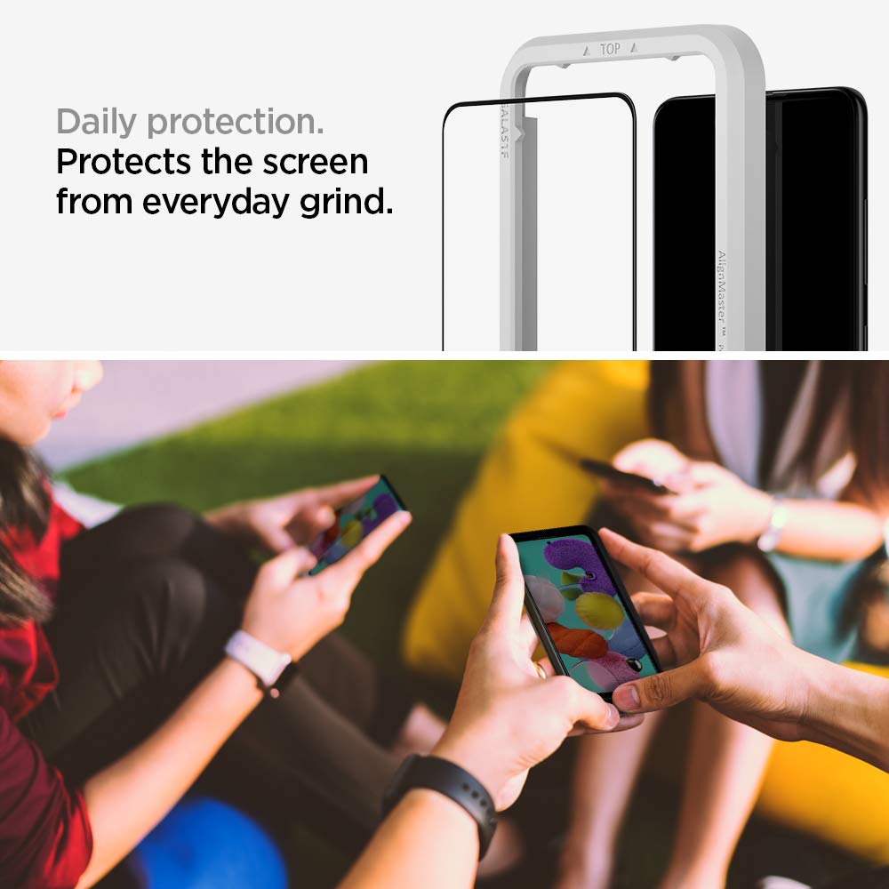 Spigen, AlignMaster, folia ochronna ze szkła pancernego do Samsunga Galaxy A51, pomoc w pozycjonowaniu, czarna pełna pokrywa, przyjazna dla etui, szkło hartowane 9H, Galaxy A51 (AGL01051)