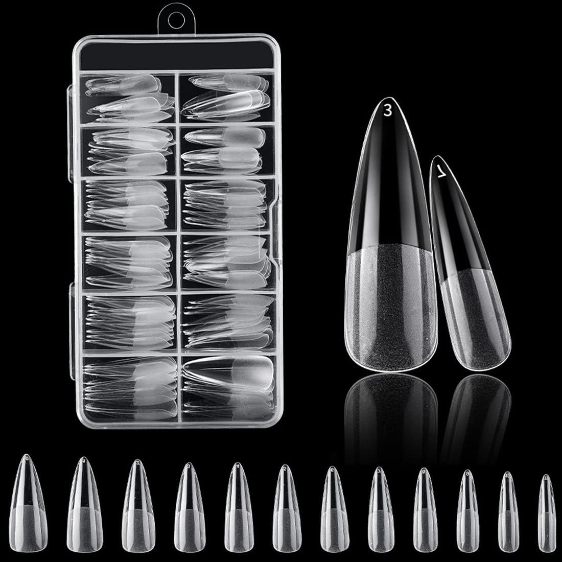 Polly Online 120PCS Clear Half Frosted Nails Tip Almond Acrylic Fake Nails Full Cover Ballerina Fake Nails Long Stiletto 12 Sizes For Nail Salons and DIY Nail Salo