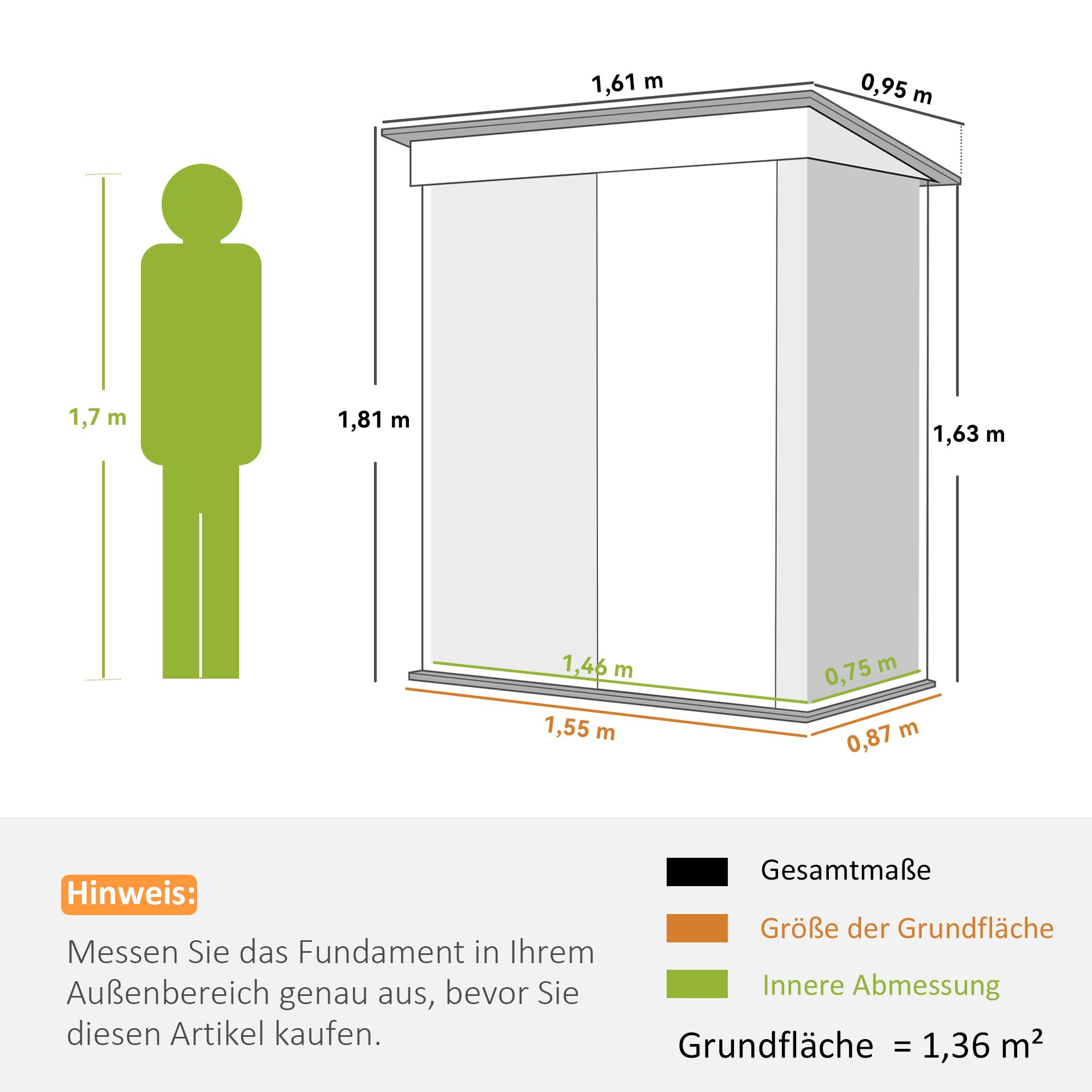 Outsunny Metalowy domek na narzędzia, 1,36 m², 161 x 95 x 181 cm, szopa na narzędzia z dachem jednospadowym, fundamentem, regulowane regały, zamykane drzwi, odporne na warunki atmosferyczne, domek