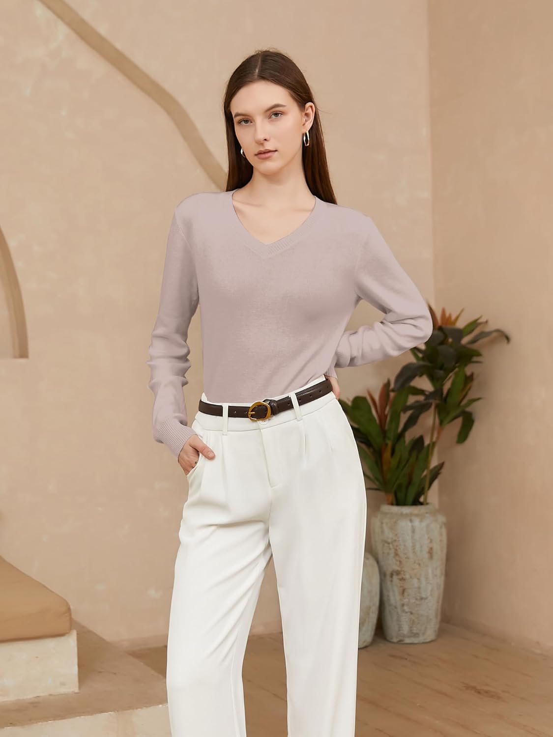 DAIMIDY Women Long Sleeve Sweater Wool Blend & V Neck Tops - Image 4