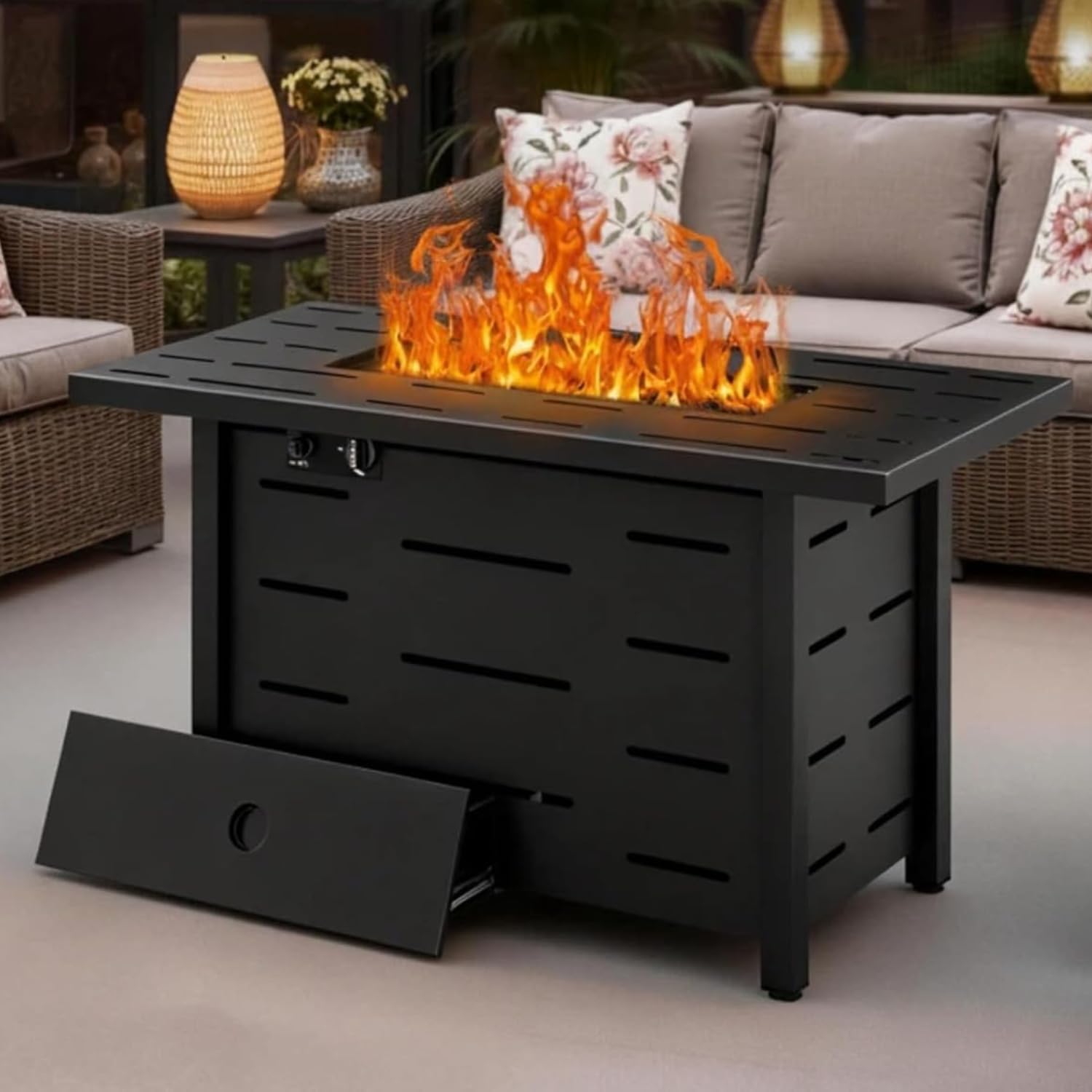 JAMFLY 43 Inch 50,000 BTU Propane Fire Pit Table with Lid & Lava Rocks - Smokeless Outdoor Heater for Patio, Deck, Backyard