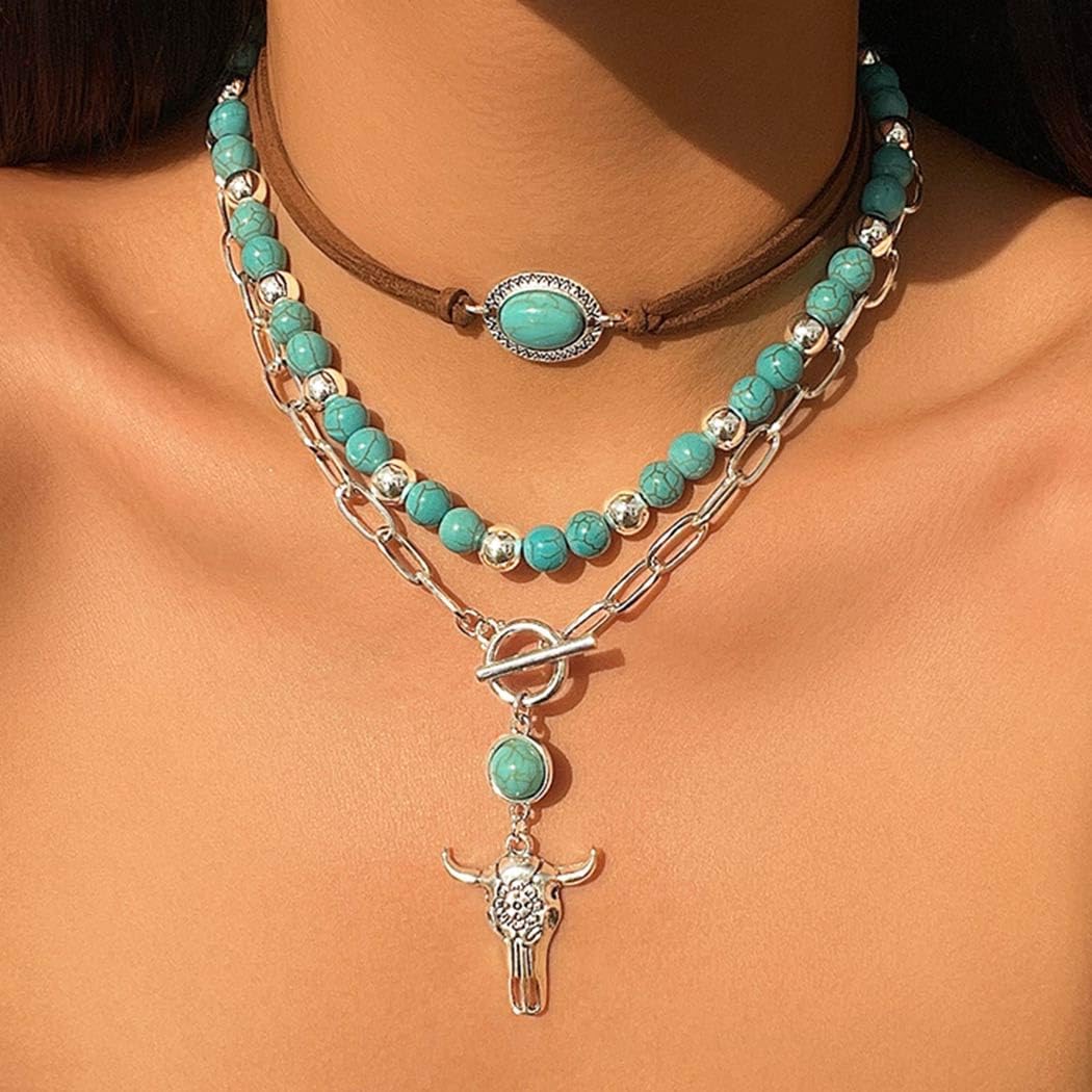 Jovono Boho Choker Necklace Silver Cowgirls Boot Pendant Necklaces Turquoise Western Necklace Chain for Women - Image 3