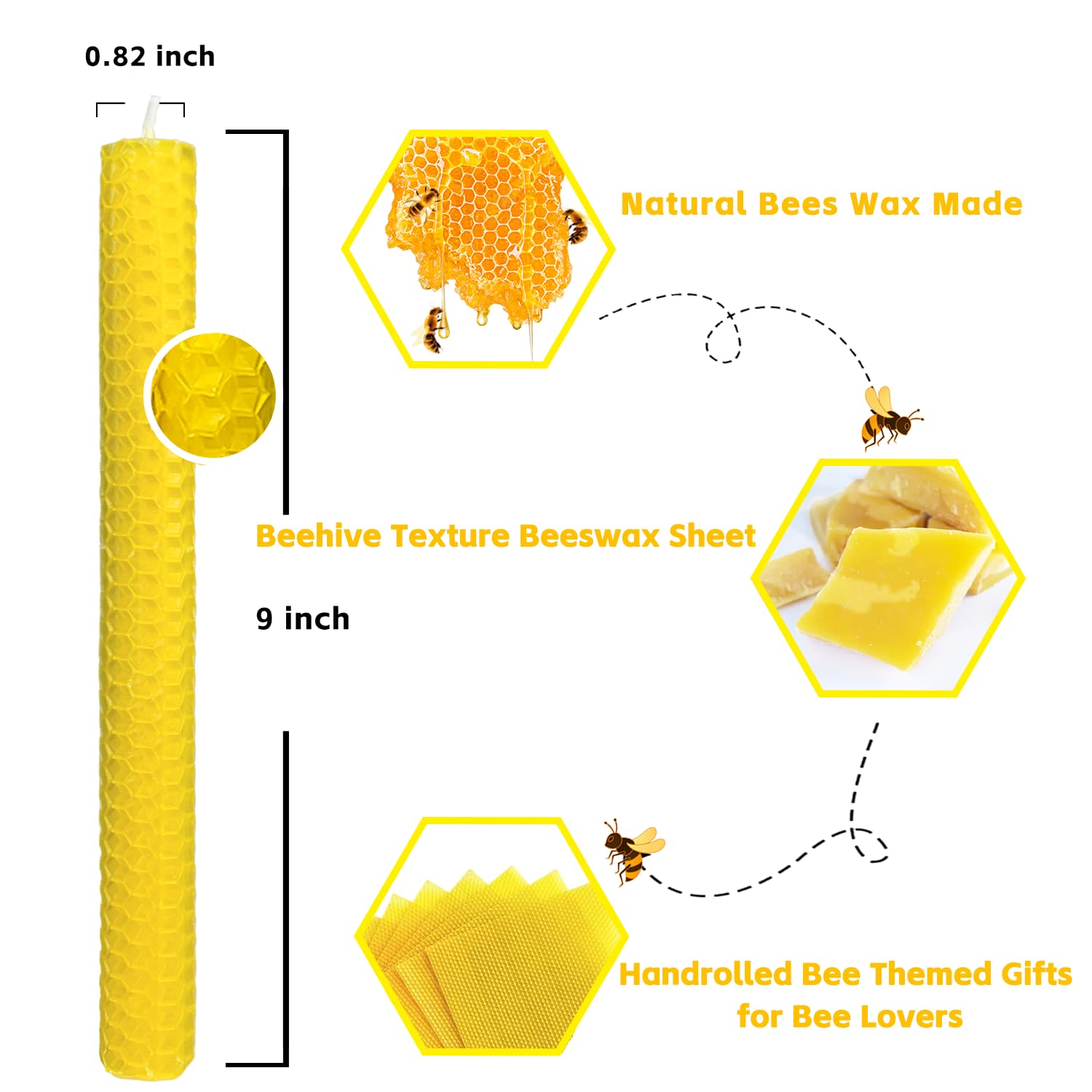 Bienenwachskerzen, 8 Stück, 22,9 cm lang, tropffrei, geruchlos und rauchfrei, Bienenwachskerzen für Zuhause, gelbe und weiße Kerze