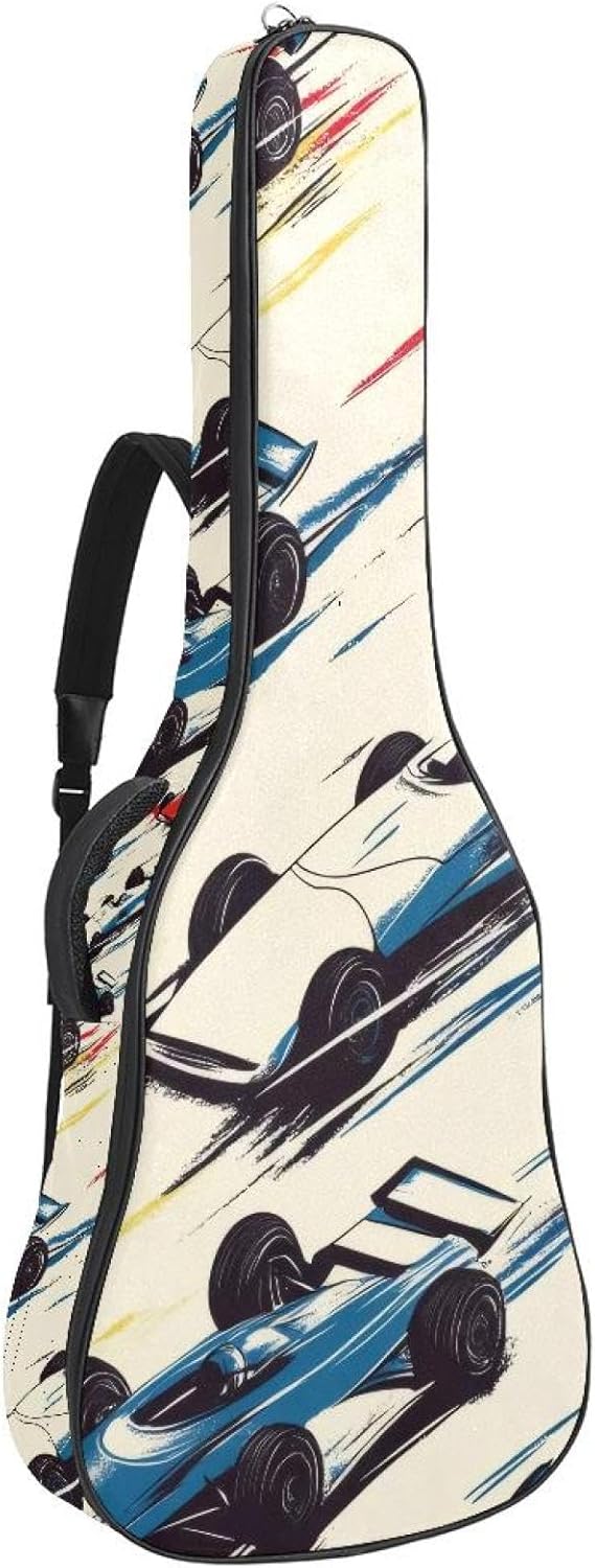 40 41 42 Inch Acoustic Guitar Bag, 0.4 In Thick Sponge Padded Guitar Case Gig Bag with Back Hanger Loop and 2 Pockets, Racing Car Road Speed Print