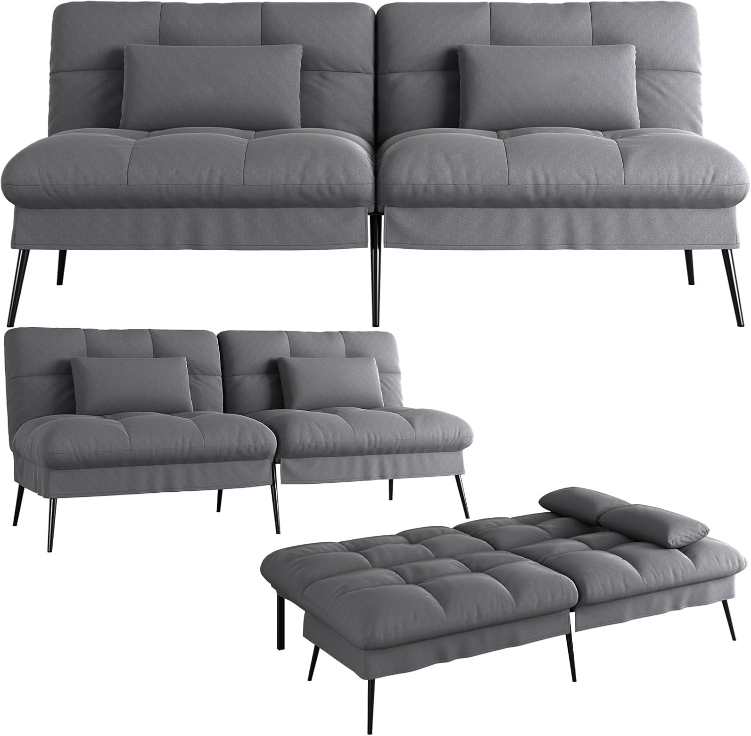 COMHOMA Schlafsofa mit Schlaffunktion – Futonbezug ausklappbar – Ecksofa – Gästesofa 3-Sitzer – mit Verstellbarer Rückenlehne aus grauem Stoff
