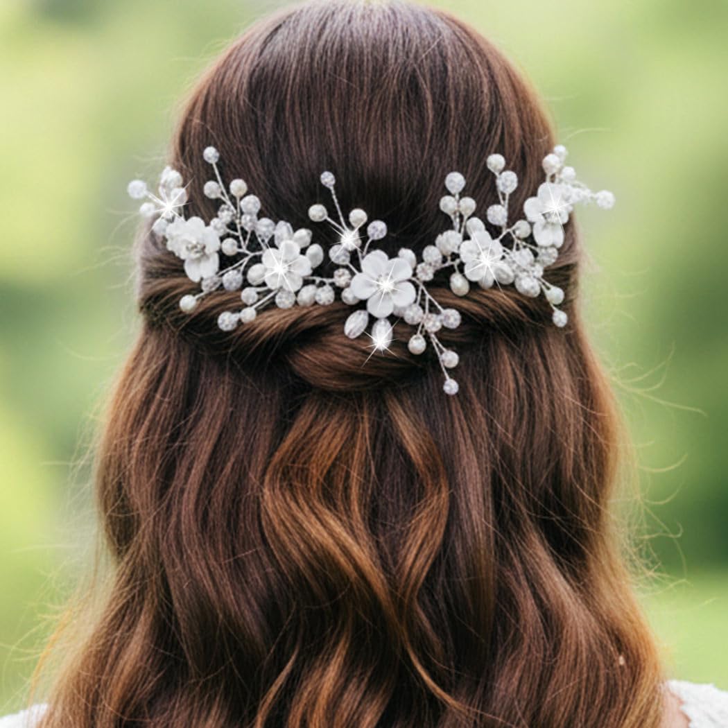 Flower Bride Wedding Hair Vine Silver Pearl Headband Hair Piece Crystal Bridal Hair Accessories for Women and Girls (Silver, One Size) - Image 7