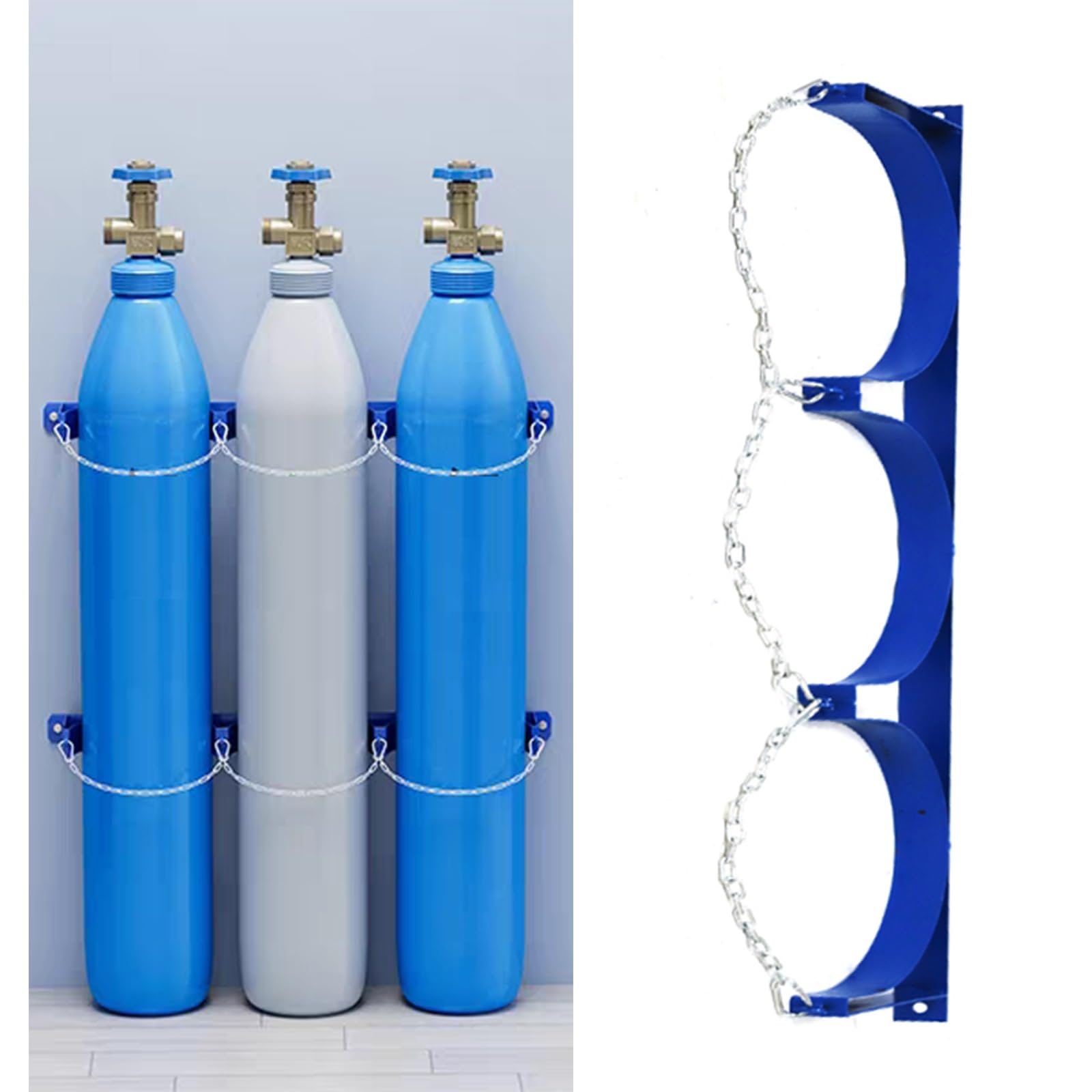 Generisch 3-Flaschen-Sauerstoffflaschenständer mit Schrauben und Kette, robuste Stickstoffflaschenhalterung aus Stahl, Blauer Wandhalter für Gasflaschen zur Montage im privaten/gewerblichen
