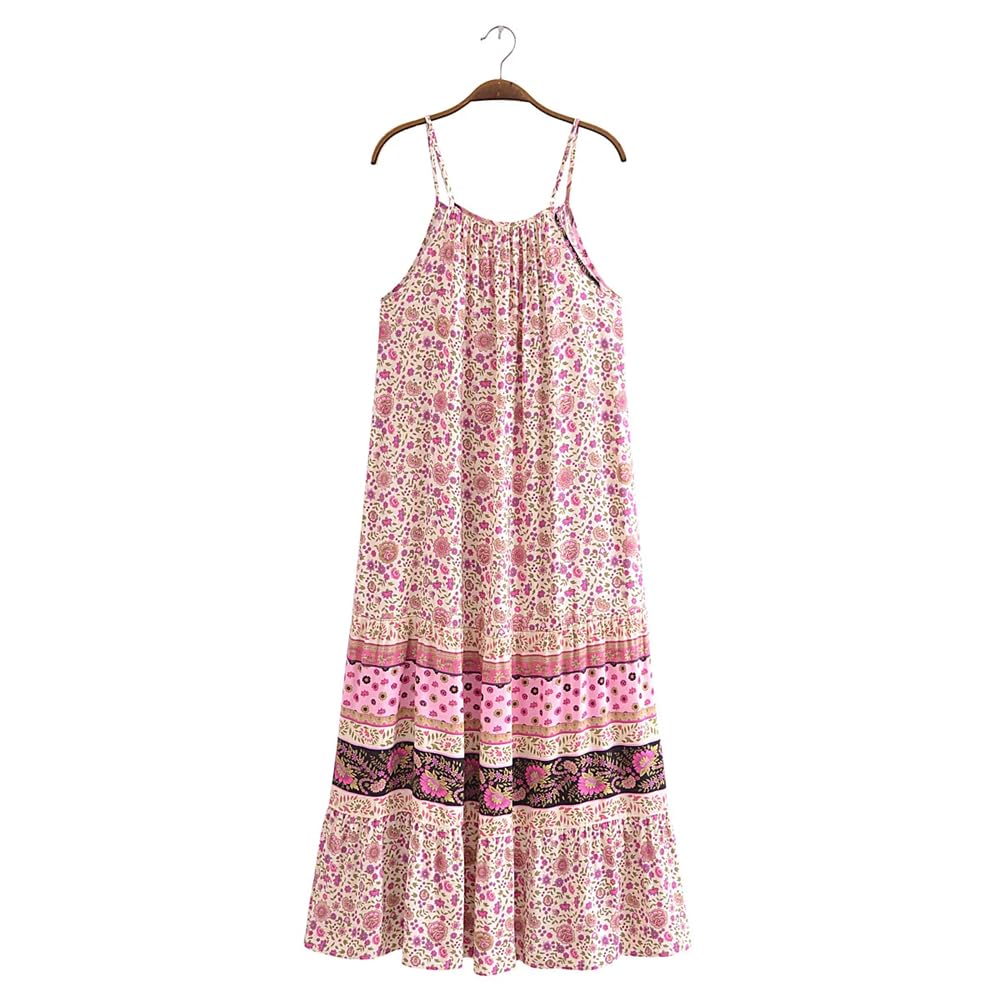 Vestido largo midi con estampado floral en contraste bohemio para mujer, holgado, dobladillo fruncido, bata de vacaciones