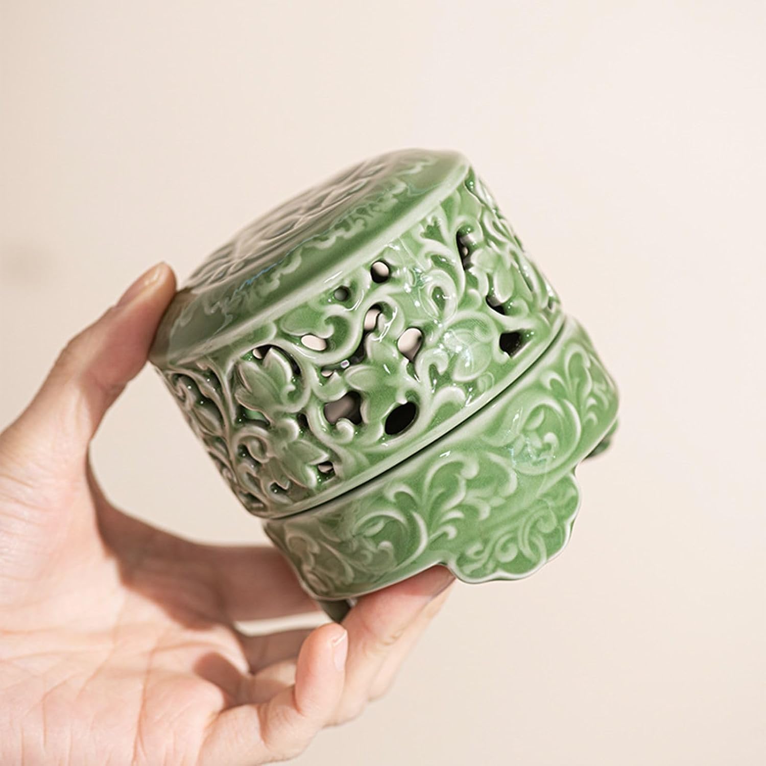 Mini Ceramic Incense Burner - Chinese Classic Plum Green Celadon Glaze, Fragrance Cone & Stick Holder Palo Santo/Sage/Herb Burner for Meditation, Yoga, Desk Decor, Zen Relaxation Gift (Cloud-A)