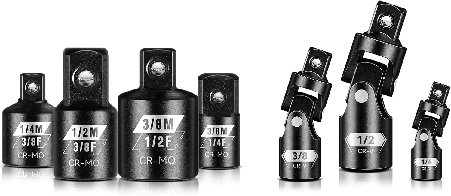 4 PCS 1/4" 3/8" 1/2" SAE Drive Impact Socket Adapter Set +3PCS Universal Joint Set