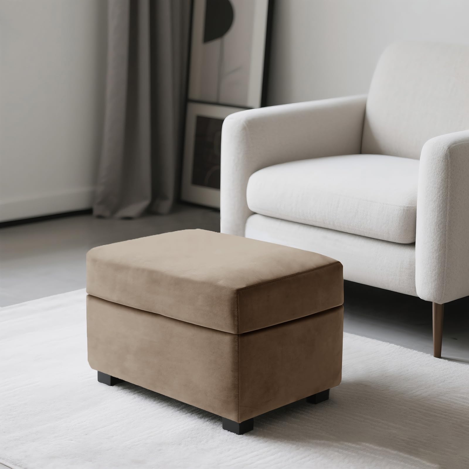 SYLC Ottoman Cover Stretch Velvet, Footstool Cover and Pouffe Cover Non-slip with Elastic Bottom/ties, Slipcover for Folding Storage Poofy Foot Stool (Camel,Rectangular Ottoman+Seat)