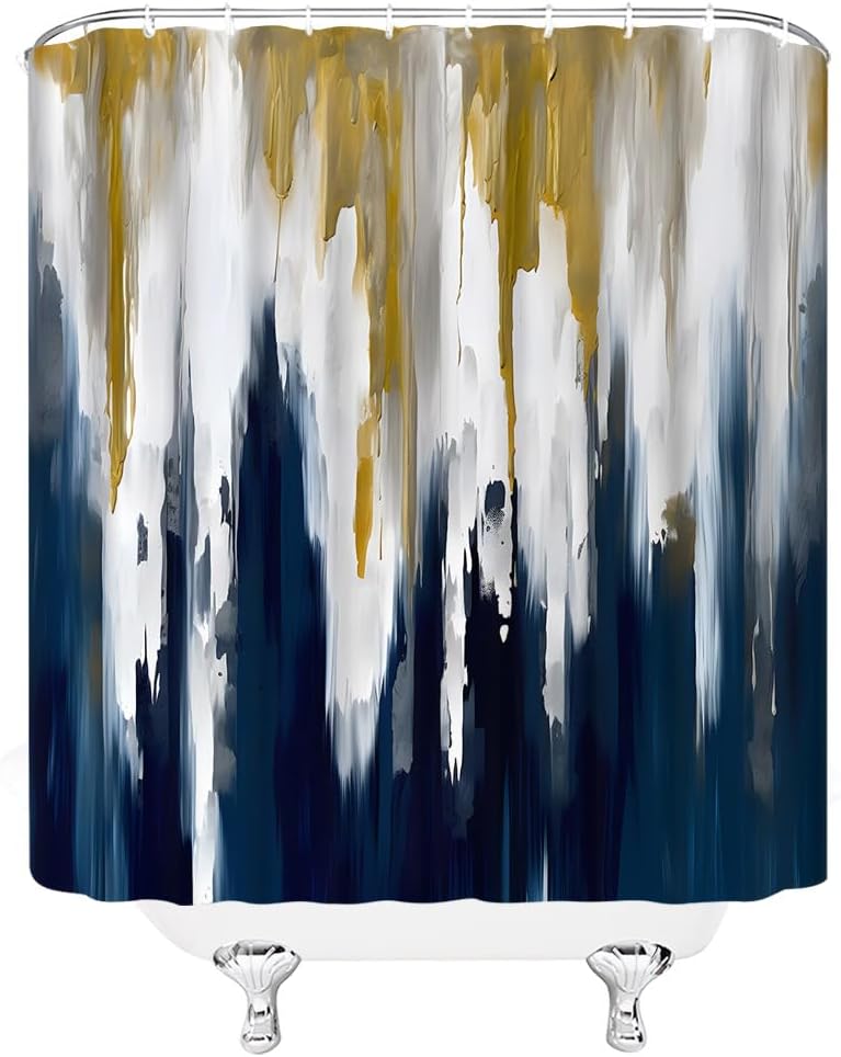 Blue Gray Shower Curtain Navy Blue Gold Burnt Abstract Brushstrokes Painting Modern Art Fabric Bathroom Curtain Sets with Hooks