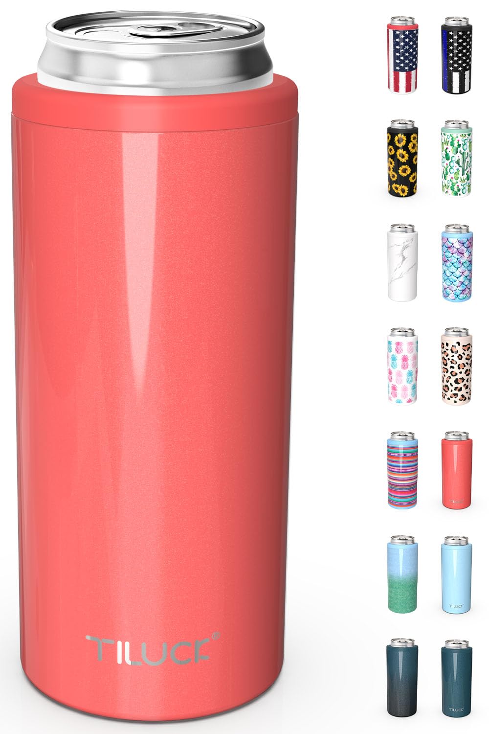 TILUCK Skinny Can Cooler, Stainless Steel Insulated Slim Cans, 12 oz | Beer & Hard Seltzer, Doucle-Walled Stainless Steel Insulated Slim Cans, Slim 12 oz(Glitter Coral)