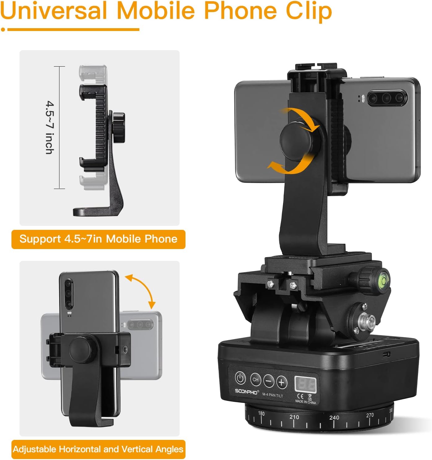 Soonpho M4 Motorized Rotating Panoramic Tripod Head, Remote Control Pan Tilt Head with Remote Control and Mobile Phone Clip for DSLR Cameras, Camcorders, Smartphones, Tripod - Image 5