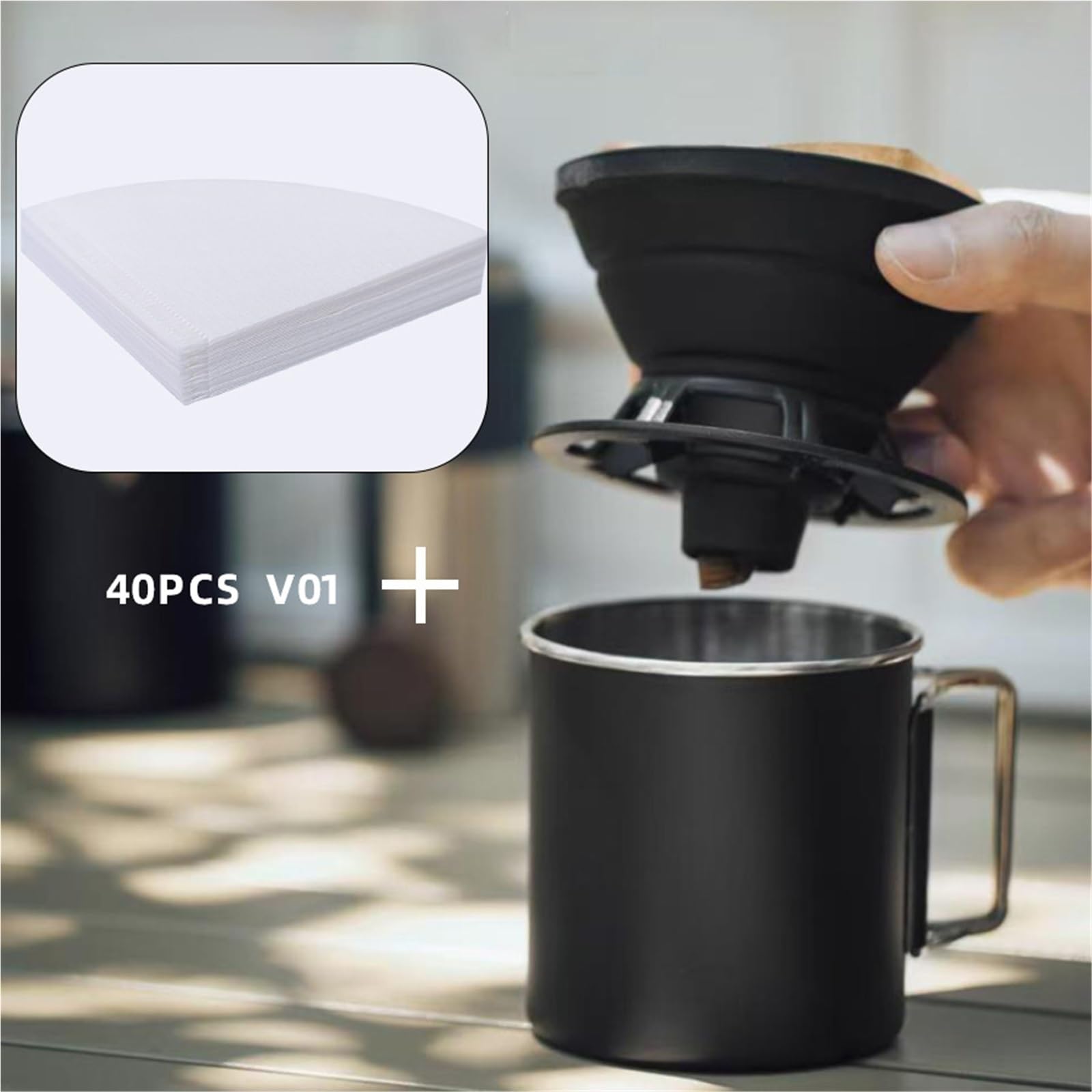 Gotero de café portátil, reutilizable, taza de filtro de café de silicona para exteriores, camping, senderismo, uso para 1-2 personas, color negro, herramienta de barista (tazas y filtros)