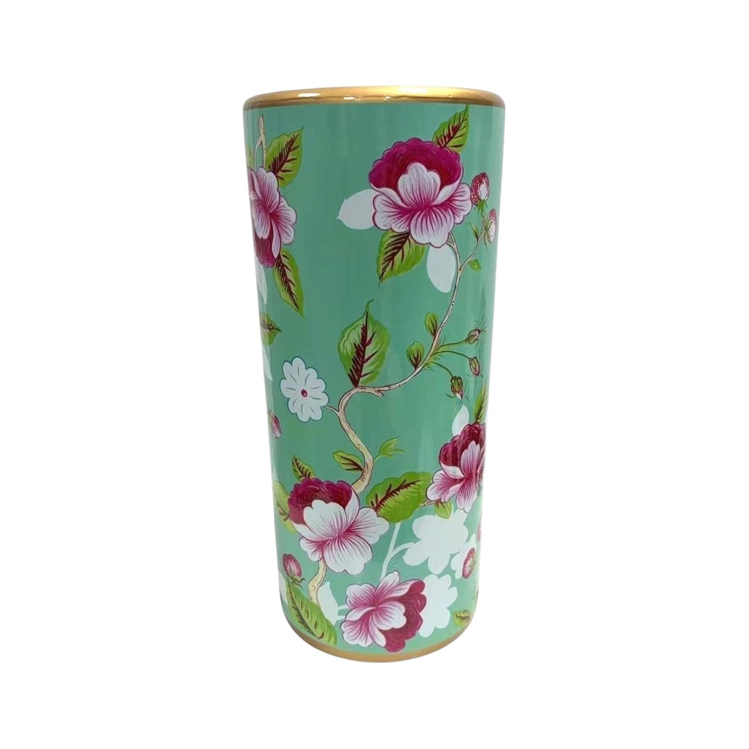 Classic Ceramic Hexagonal 18” Tall Umbrella Stand – Multi-Functional Holder or Decorative Vase, Zebra Safari Design with Durable Glazed Finish for Home, Office, or Entryway (Green Floral Rose Design)