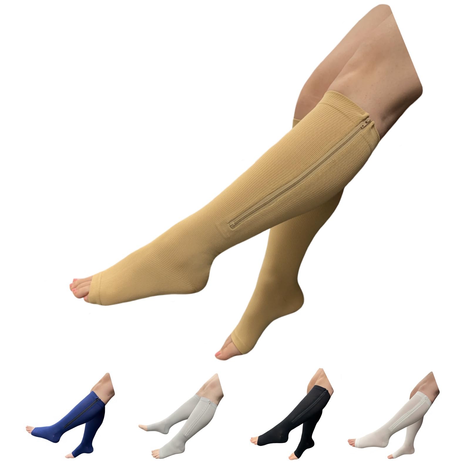 HealthyNees Seniors Care 15-20 mmHg Zipper Compression Leg Calf Open Toe Socks (Nude, 4X-Large)