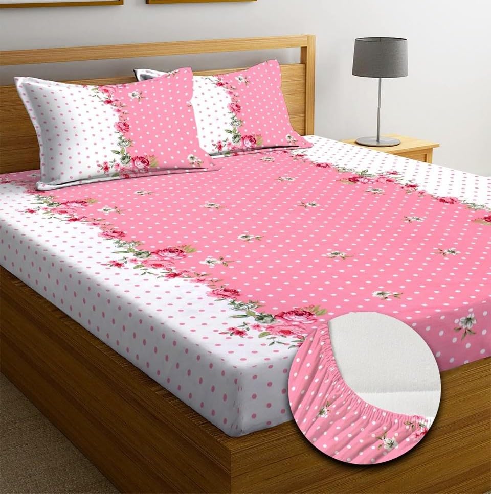 Image of la' amour Premium Cotton Elastic Fitted Bedsheets with 2 King Size Pillow Covers Double Bed with All Around Elastic Supersoft Size - 72 King Sizex78+10 inches Pink White Floral Pattren 200 tc - 220 tc