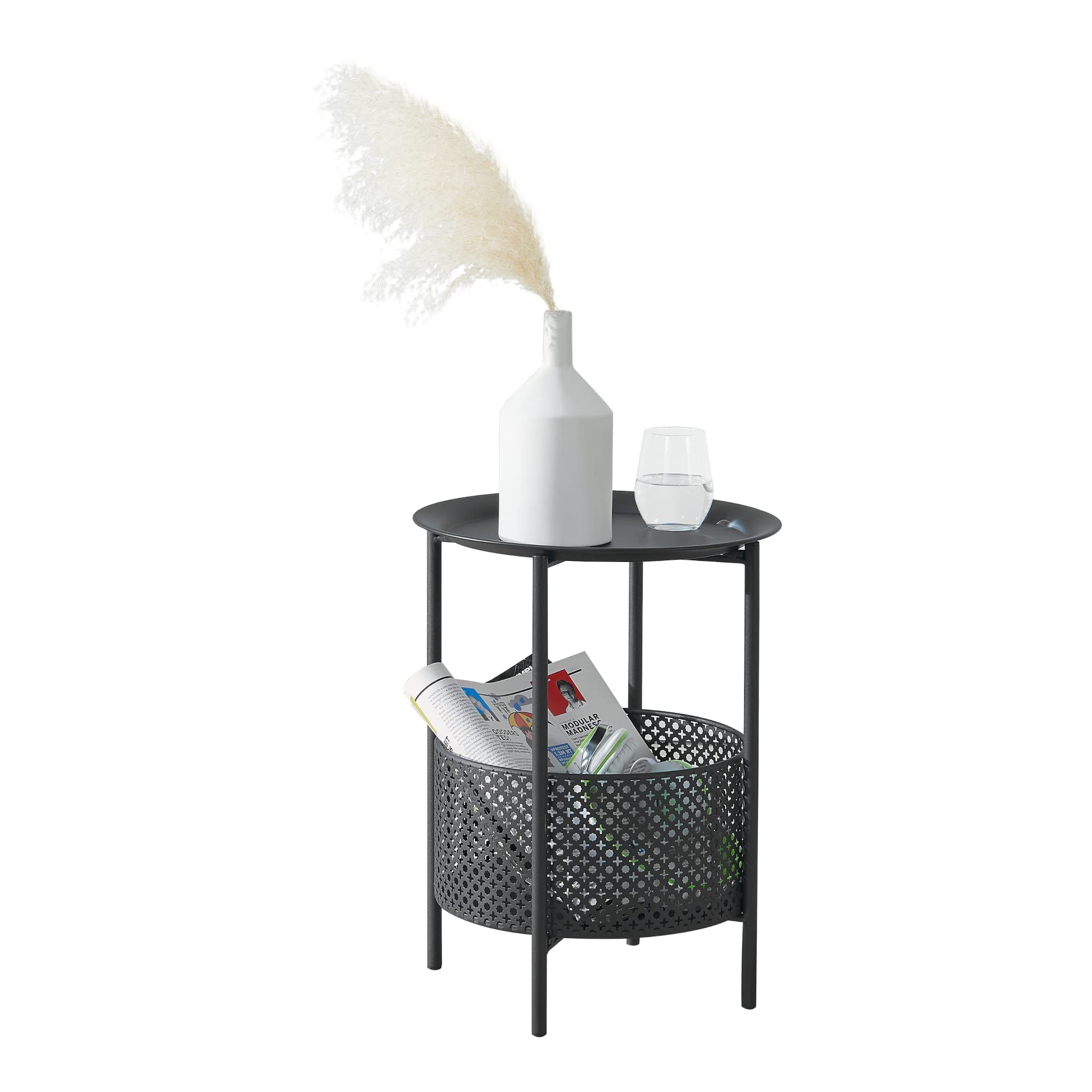 [en.casa] Tavolino da caffè (AxØ): 45 x 35 cm Tavolino Basso in Metallo con Cesto Contenitore - Nero