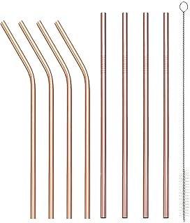 Clyhon Pailles En Acier Inoxydable Or Rose, Réutilisables, Utilisées Pour Les Boissons Chaudes Smoothie Milkshake Cocktail Café, 4 Pailles Droites, 4 Pailles Incurvées, 1 Brosse À Paille