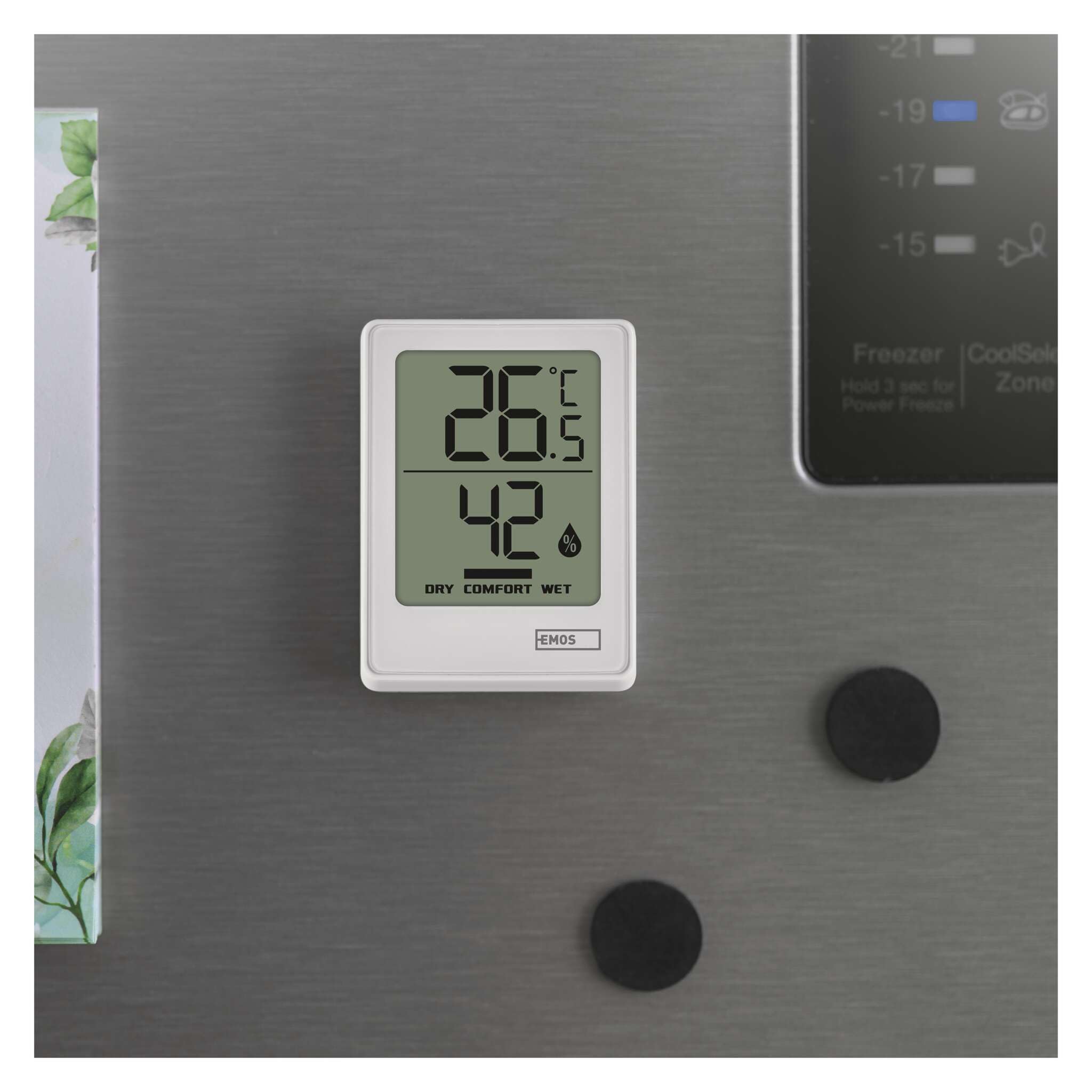 EMOS Termometr wewnętrzny i higrometr, zasilany bateriami (w zestawie CR2032), temperatura wewnętrzna °C/°F, zakres pomiarowy od -10°C do +50°C, symbol komfortu dla wilgotności powietrza w