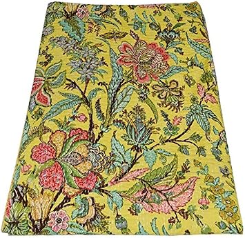YUVANCRAFTS Indian Traditional Floral Print Kantha Quilt Handmade Pure Cotton Kantha Quilt Queen Blanket Bedspreads Throw