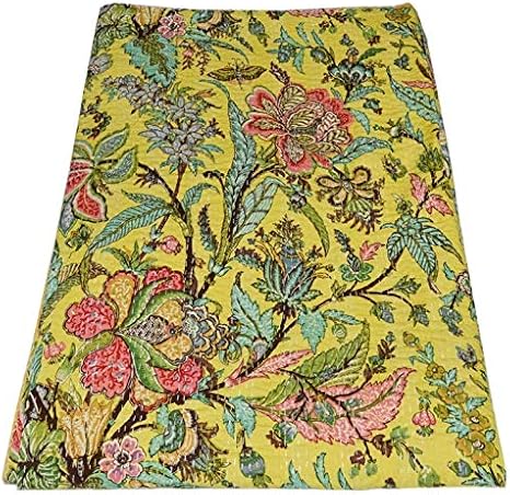 YUVANCRAFTS Indian Traditional Floral Print Kantha Quilt Handmade Pure Cotton Kantha Quilt Queen Blanket Bedspreads Throw