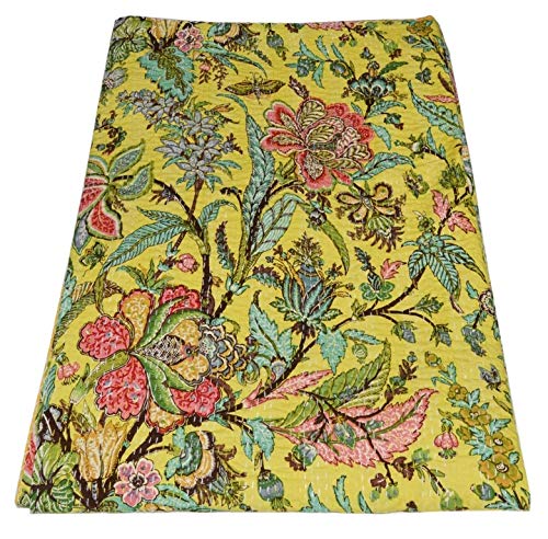 YUVANCRAFTS Indian Traditional Floral Print Kantha Quilt Handmade Pure Cotton Kantha Quilt Queen Blanket Bedspreads Throw