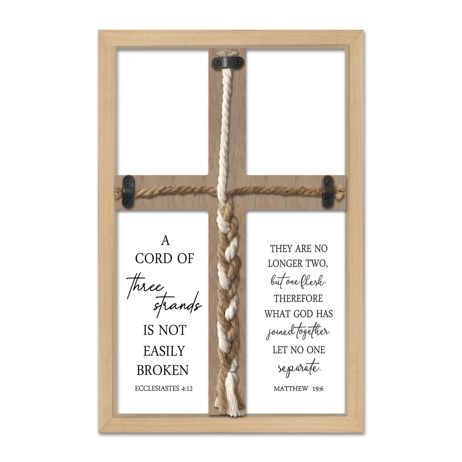 TQianJiang A Cord of Three Strands Wedding Ceremony Wall Decor Rustic Unity Braid Sign Wood Framed 15"X10" Ecclesiastes 4:12 & Matthew 19:6 for Modern Farmhouse Couple Marriage cross Prayer (Wood)