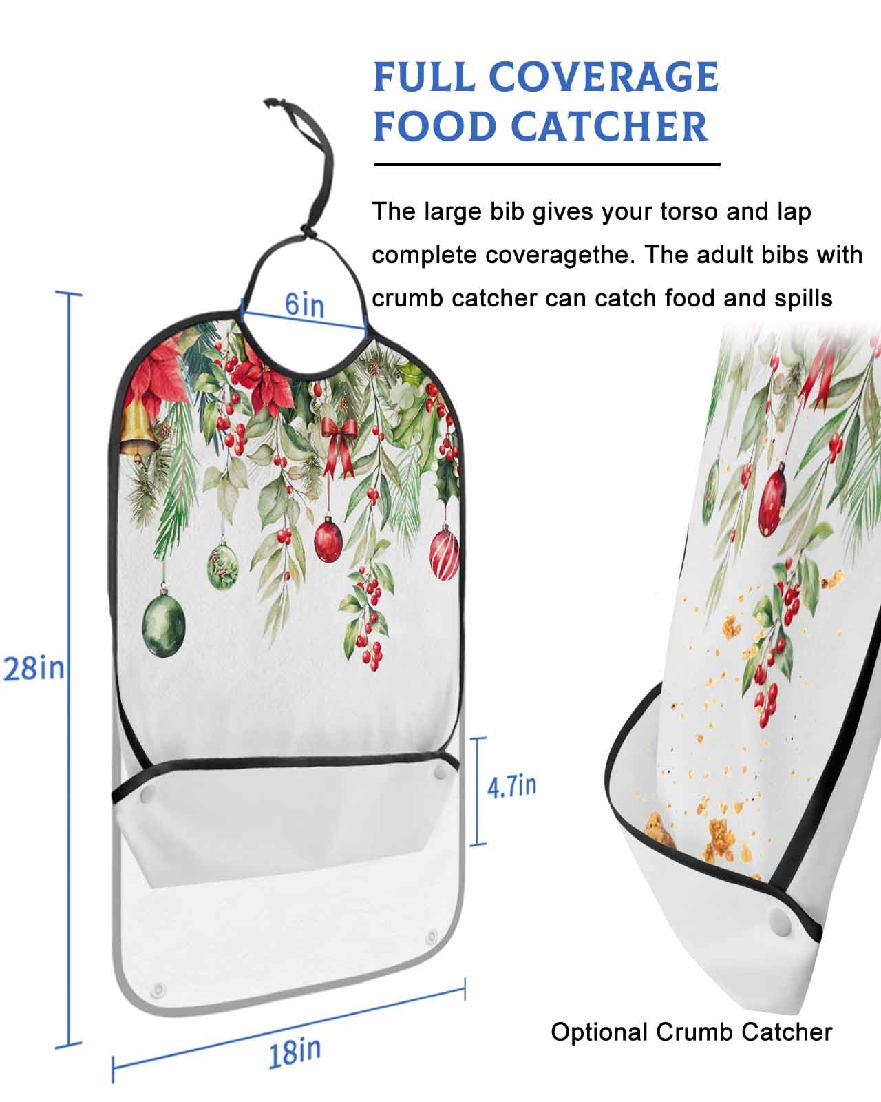 Christmas Adult Bib for Adults Men, Women, Xmas Pine Eucalyptus Leaf Bell Red Green Washable & Adjustable Terry Cloth Bib with Crumb Catcher Reusable Waterproof Clothing Clothes Protector Apron