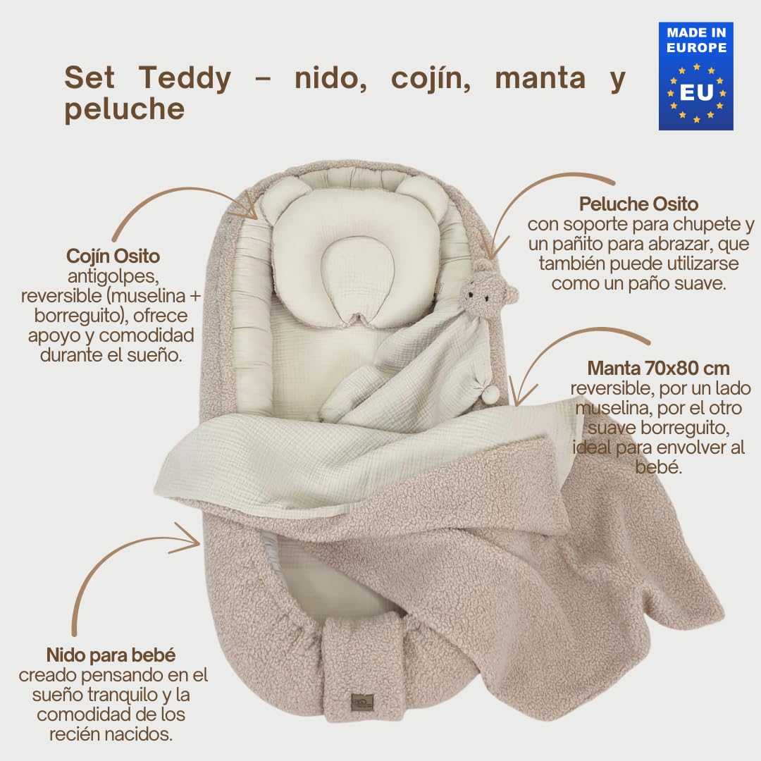 WIKLINOPOL Set Babynest Beige – Baby Nest para recién nacido, nido & cocoon con cojín Bärchen, manta & dou dou – Canastilla bebé transpirable de muselina & peluche Teddy