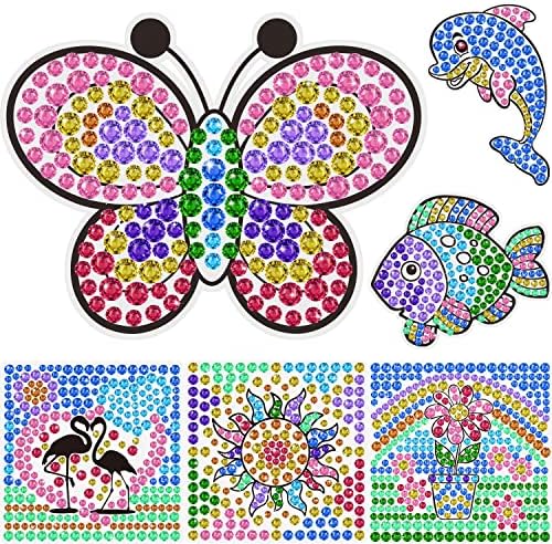 6 Sheets Diamond Window Art Craft Kits for Kids, Suncatcher Kit for Ages 6 7 8 9 10 Flower Sun Dolphin DIY Diamond Painting Kit for Girls or Boys Ages 6+ Gemstone Sticker as Christmas Party Decor