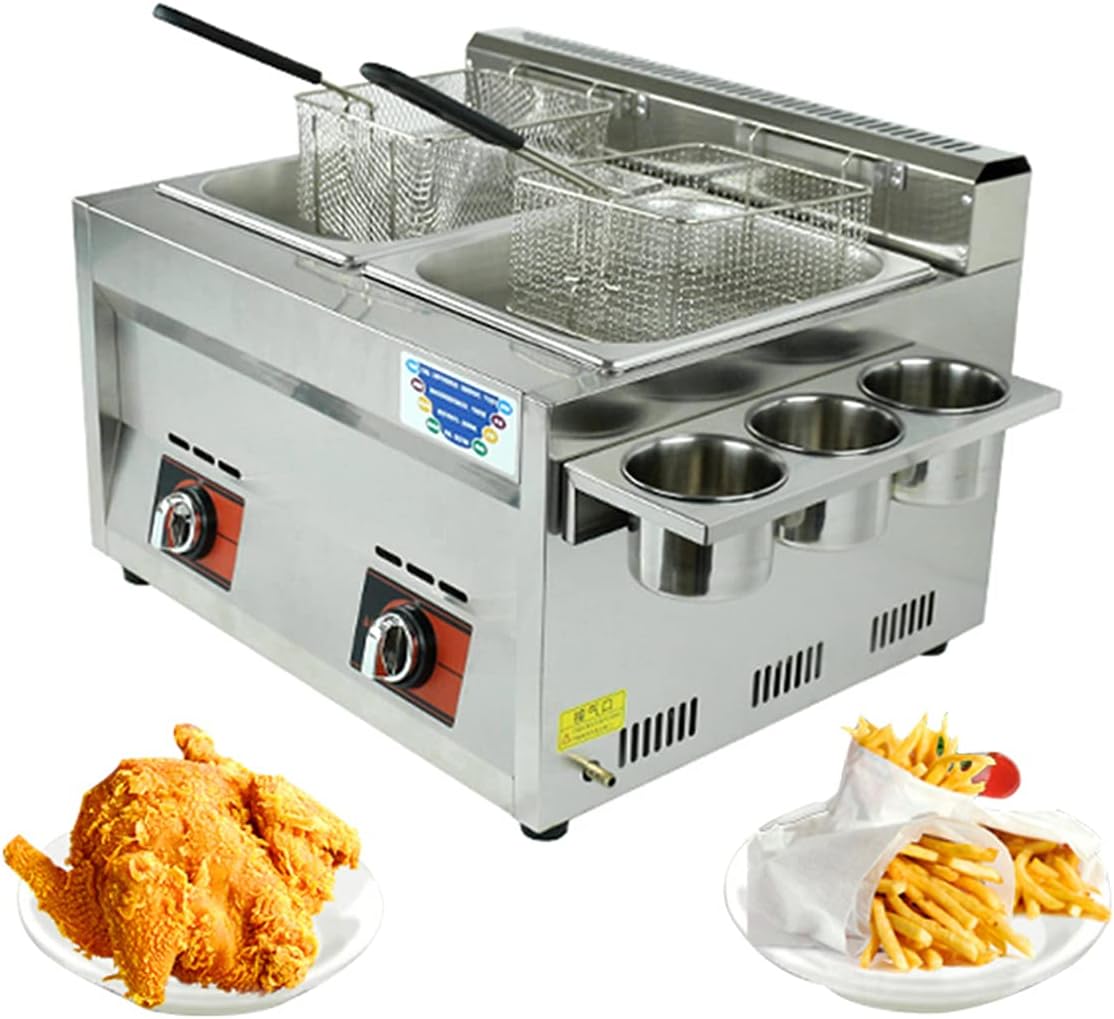 Gas Fryer Commercial Single/Double Cylinder Gas Fryer Tank Stainless Steel Chicken Chips Fryer with Basket and Cover for Commercial Restaurant Home Kitchen (Double cylinder)