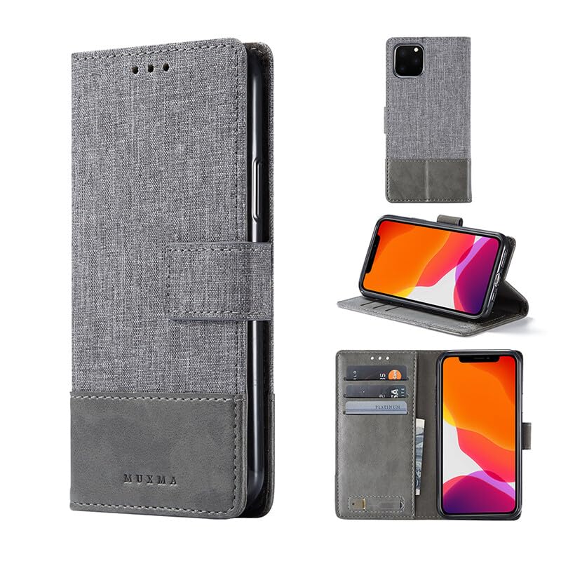 Housse portefeuille iPhone 15 Pro en cuir et toile grise aux finitions chic