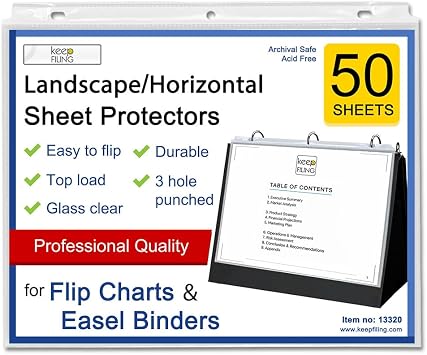 Easel Binders & Flip Charts Sheet Protectors, Top-Loading Landscape, Letter Size 8.5x11 Horizontal Page Sleeves, by Keepfiling, 50 Sheets