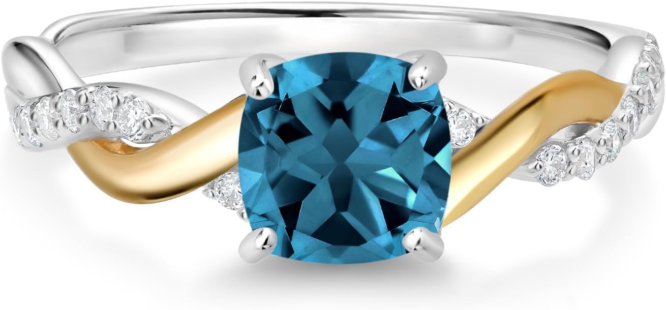 Gem Stone King 925 Sterling Silver and 10K Yellow Gold 6MM Cushion Gemstone Birthstone and Lab Grown Diamond Engagement Ring for Women | Available In Size 5, 6, 7, 8, 9 - Image 2