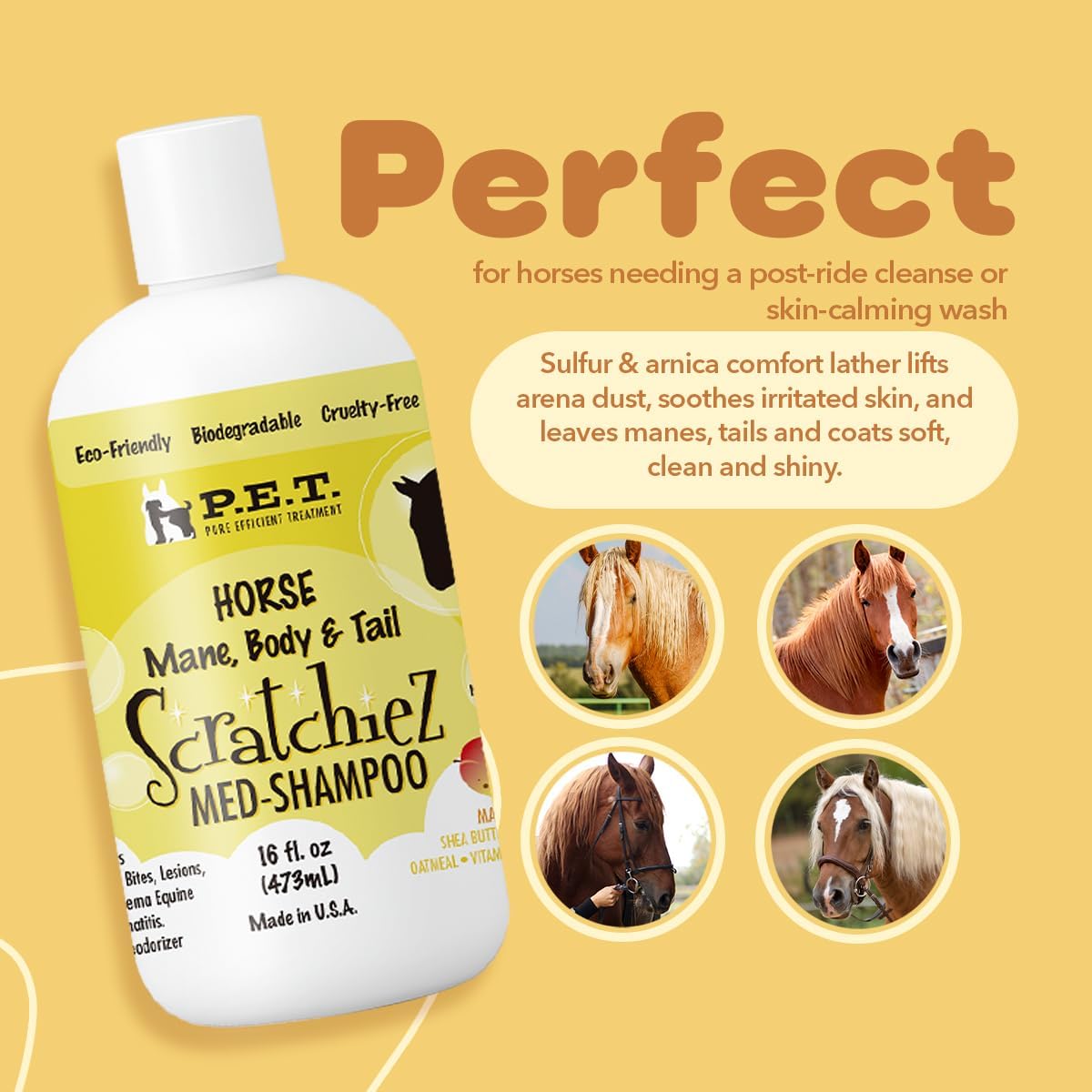 P.E.T. Scratchiez Med Horse Shampoo — Sulfur, Arnica & Oat Protein Cleanser — Calms Itchy, Irritated Skin & Restores Mane-Tail Shine — Cosmetic Grooming (Not a Pesticide) — 16 oz